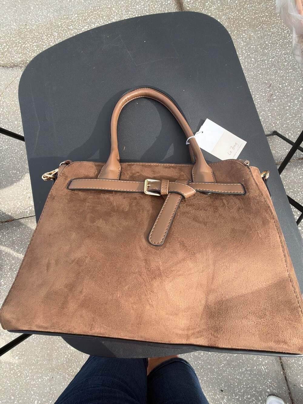 Le Bag Brown Faux Suede Buckle Strap Satchel Tote Handbag